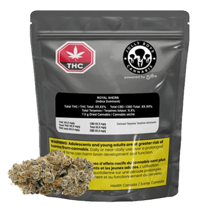 A close-up of the Royal Sherb packaging with a black label and gold lettering, displaying cannabis information.