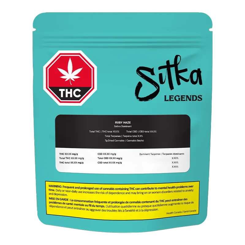Front-facing pack shot of the teal Sitka Legends Ruby Haze pouch with a THC warning badge and black label centered on the front