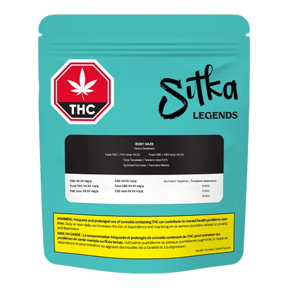 Front-facing pack shot of the teal Sitka Legends Ruby Haze pouch with a THC warning badge and black label centered on the front