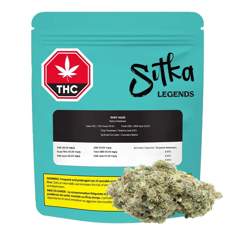 Front view of a teal Sitka Legends Ruby Haze pouch standing upright with a black label and a close-up of a light green cannabis bud at the lower right.
