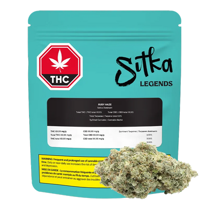 Front view of a teal Sitka Legends Ruby Haze pouch standing upright with a black label and a close-up of a light green cannabis bud at the lower right.