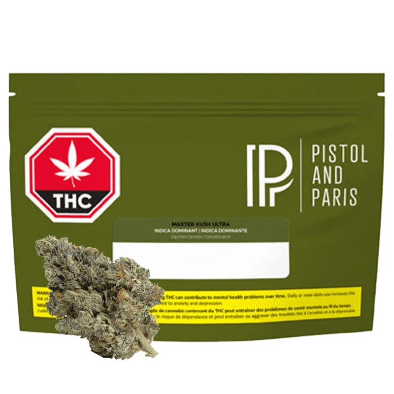 Close-up of the Master Kush Ultra product packaging with a white background and bold black text.