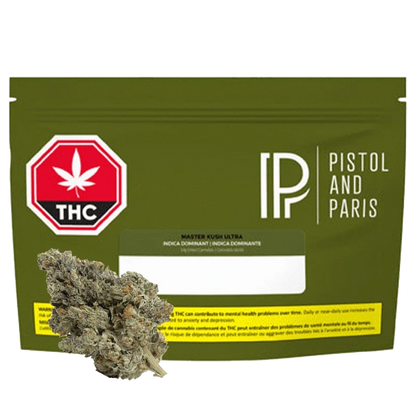 Close-up of the Master Kush Ultra product packaging with a white background and bold black text.
