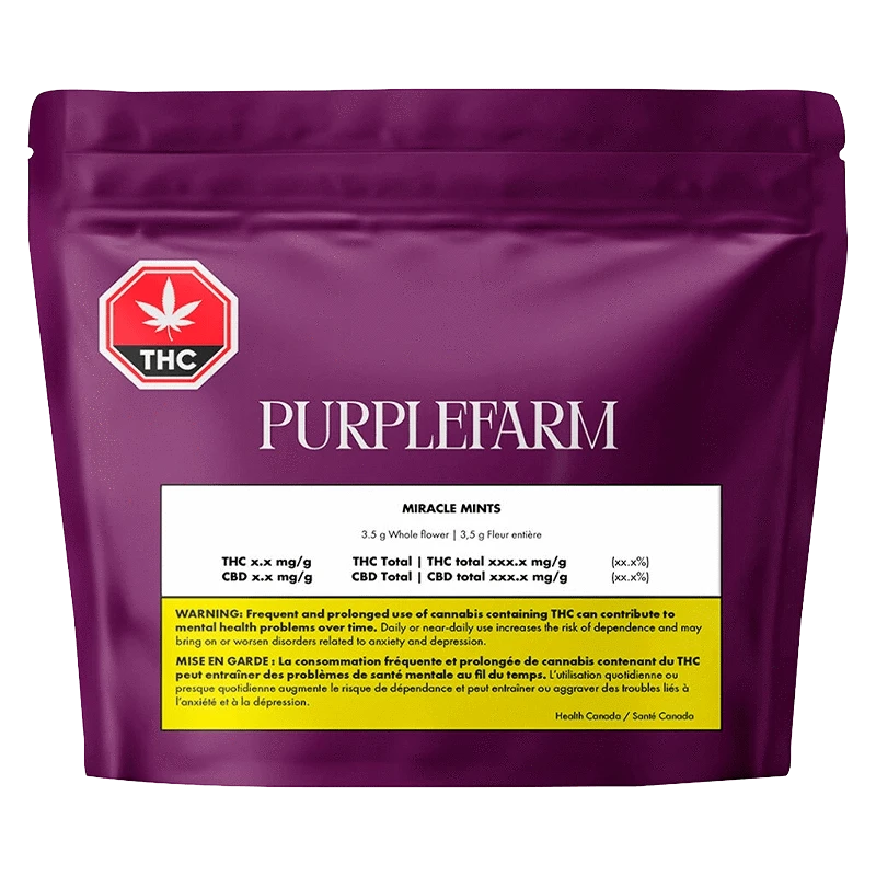 Purplefarm Miracle Mints packaging with a bold logo and text, suggesting potential risks.