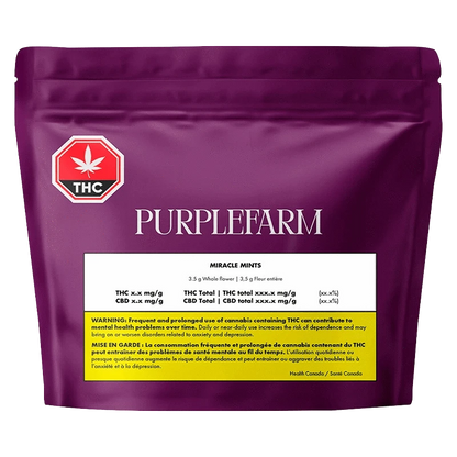 Purplefarm Miracle Mints packaging with a bold logo and text, suggesting potential risks.