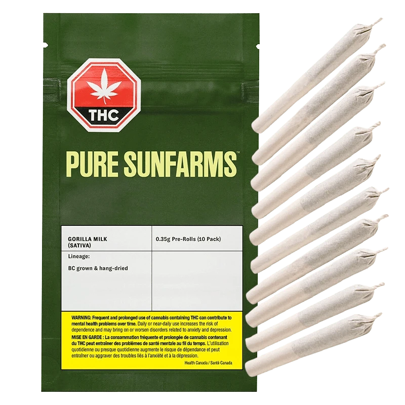 Front view of the “Gorilla Milk Pre Rolled 10 x 0.35 g” packaging against a black background, with warning text in French.