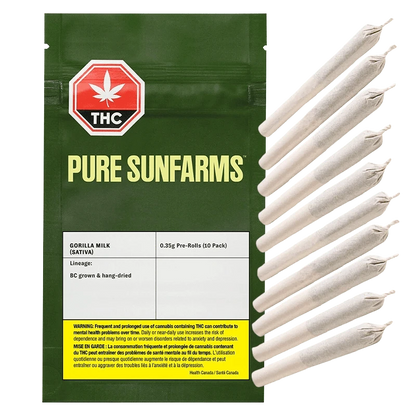 Front view of the “Gorilla Milk Pre Rolled 10 x 0.35 g” packaging against a black background, with warning text in French.