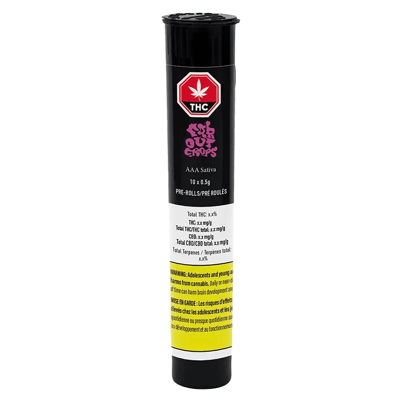 AAA Pre Rolled 10 x 0.5 g packaging with bold lettering and a vibrant green leaf design, set against a dark background.