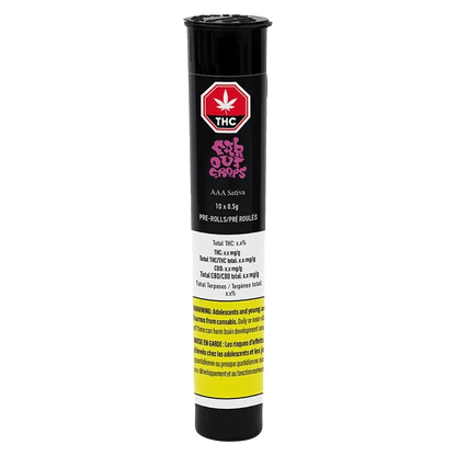 AAA Pre Rolled 10 x 0.5 g packaging with bold lettering and a vibrant green leaf design, set against a dark background.