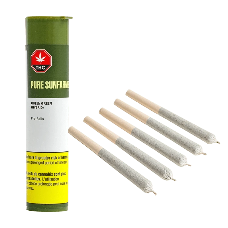 A stack of five Queen Green Pre Rolled 0.5g pre-rolls against a solid black background, showcasing the cylindrical packaging.
