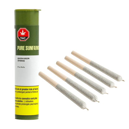 A stack of five Queen Green Pre Rolled 0.5g pre-rolls against a solid black background, showcasing the cylindrical packaging.