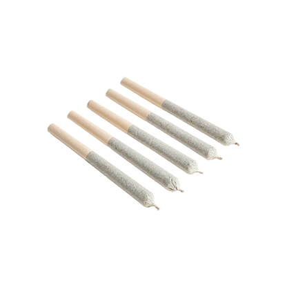 A close-up shot of five 0.5g Queen Green Pre Rolled joints laid horizontally against a plain white backdrop.