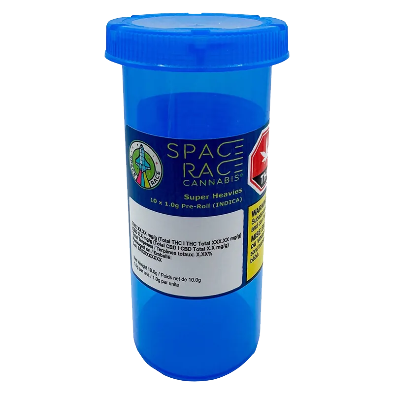 Tall frontal view of the blue Space Race Cannabis Super Heavies PR 10 x 1 g plastic container with its label and warning stickers visible.