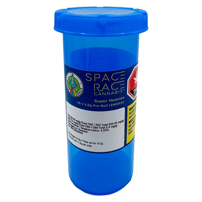 Tall frontal view of the blue Space Race Cannabis Super Heavies PR 10 x 1 g plastic container with its label and warning stickers visible.