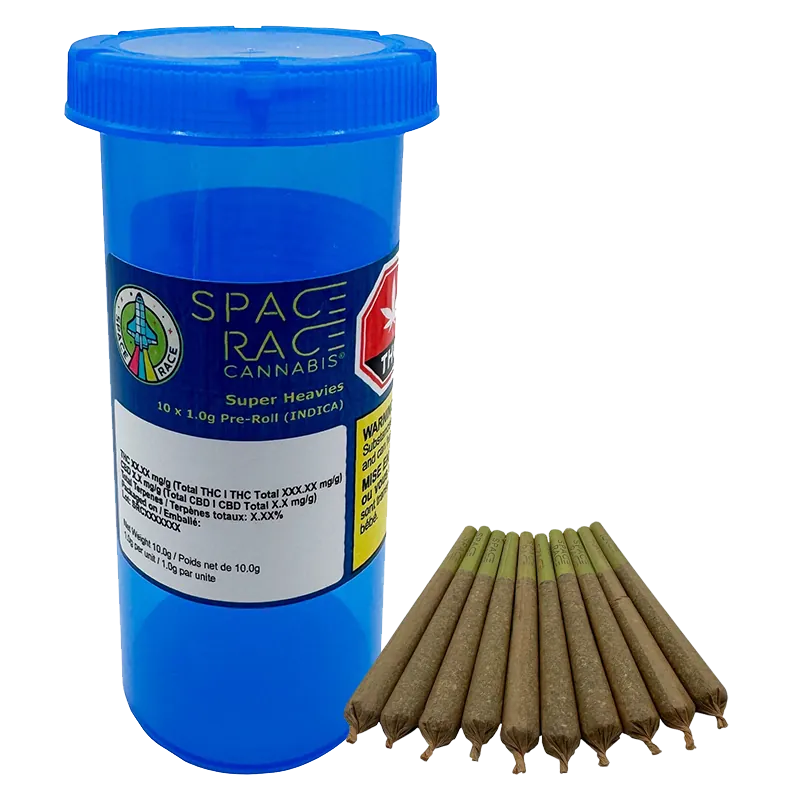Front-angle view of a blue plastic tube and a neat row of ten pre-rolls beside it labeled "Super Heavies PR 10 x 1 g."