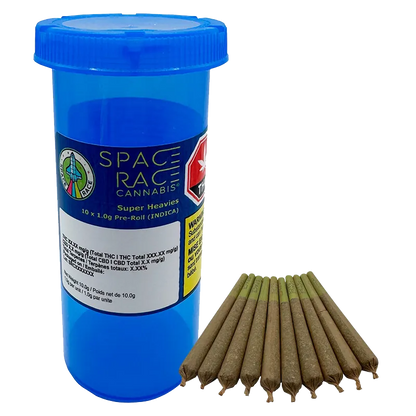 Front-angle view of a blue plastic tube and a neat row of ten pre-rolls beside it labeled "Super Heavies PR 10 x 1 g."