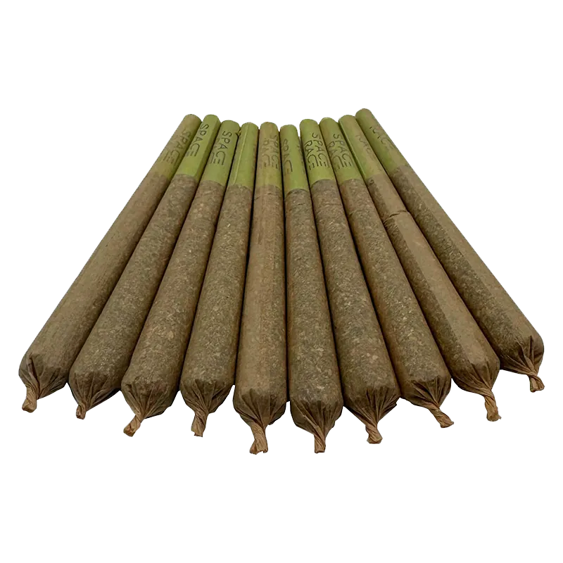 Low-angle front view of a neat row of ten Super Heavies PR 10 x 1 g pre-rolls with green tips on a white background
