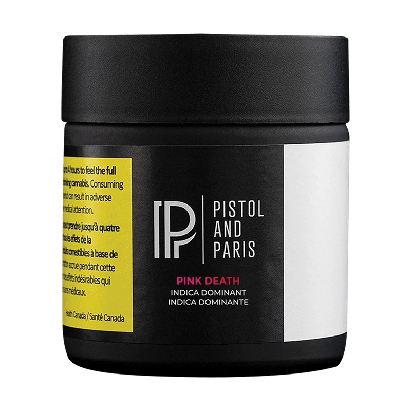 Pink Death, a close-up studio shot of a black container against a dark background.