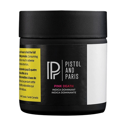 Pink Death, a close-up studio shot of a black container against a dark background.