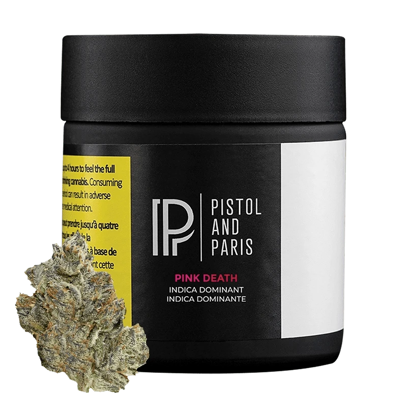 Close-up of the Pink Death product against a black background, showcasing its simple packaging and bold branding.