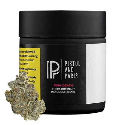 Close-up of the Pink Death product against a black background, showcasing its simple packaging and bold branding.