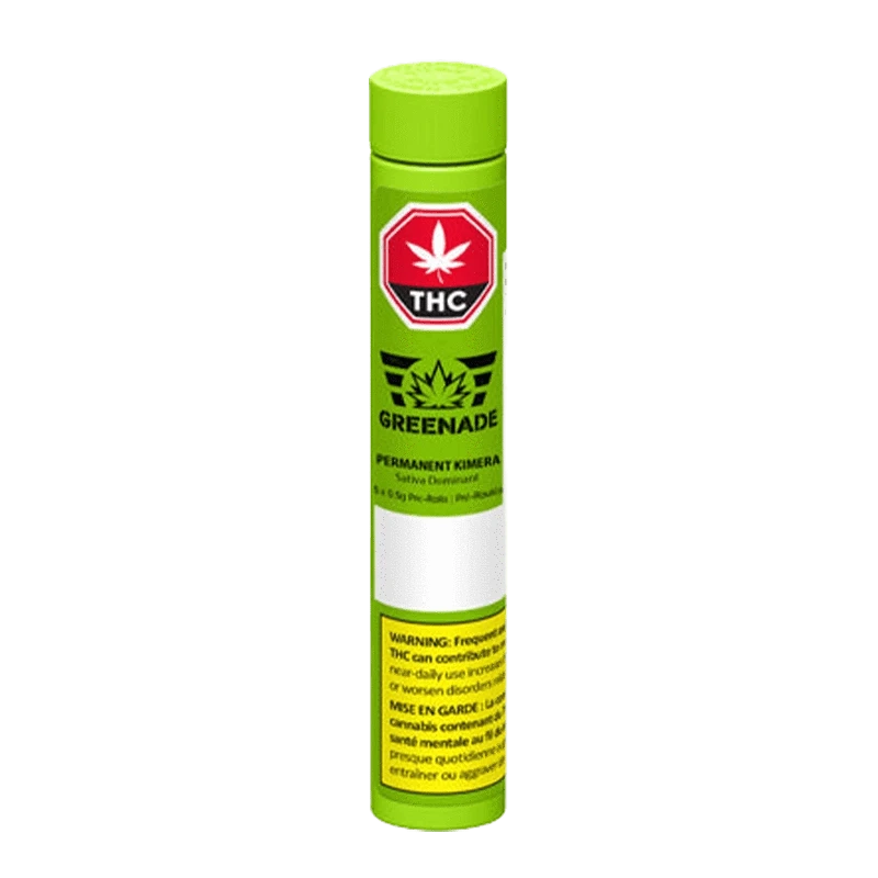 Front view of the Permanent Kimera Pre Rolled 5 x 0.5 g packaging with a green and black label.