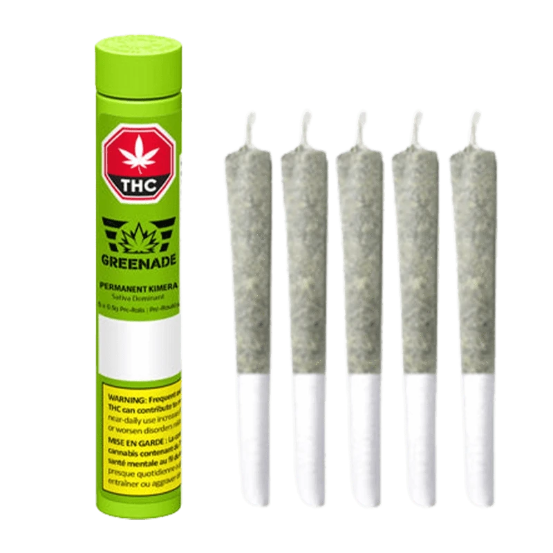 Front view of the Permanent Kimera Pre Rolled 5 x 0.5 g cannabis product, showing its packaging with a green and white label.