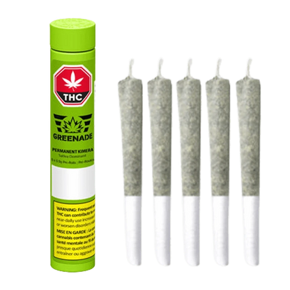 Front view of the Permanent Kimera Pre Rolled 5 x 0.5 g cannabis product, showing its packaging with a green and white label.