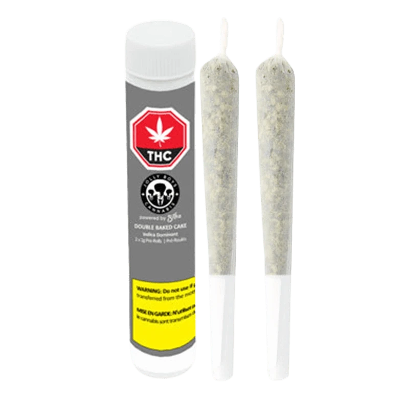 A close-up shot of two Double Baked Cake Pre Rolled 2 x 1 g pre-rolls against a plain white background.