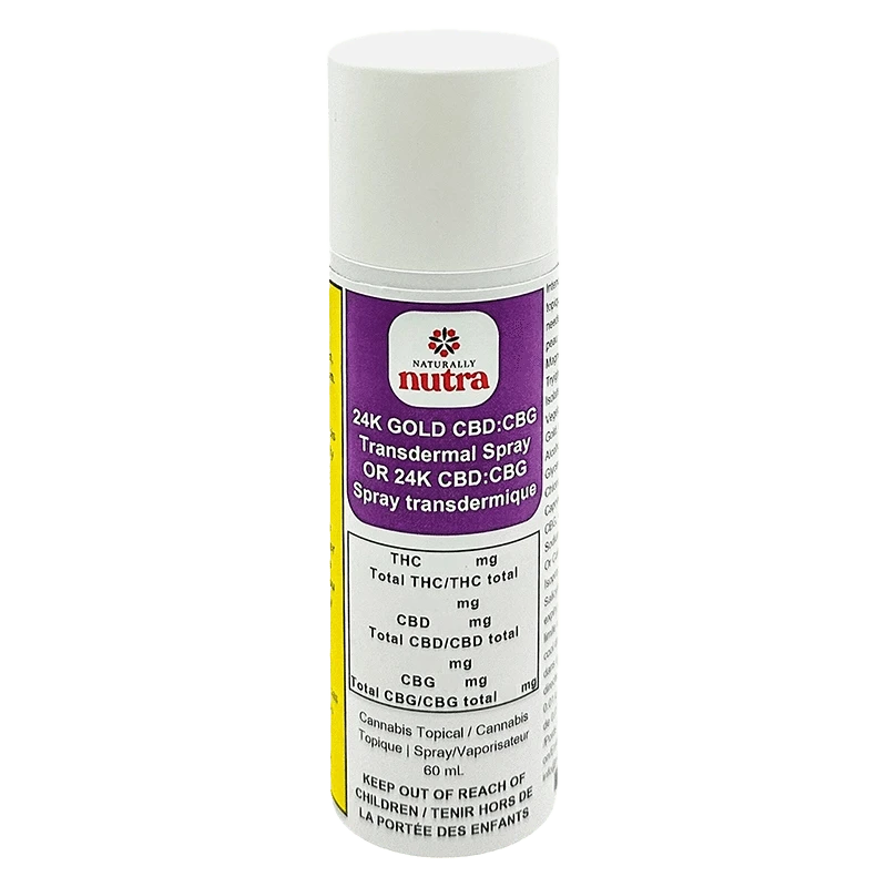 Front view of the 24K Gold CBD:CBG Transdermal Spray bottle, with a gold label and white text, against a dark background.