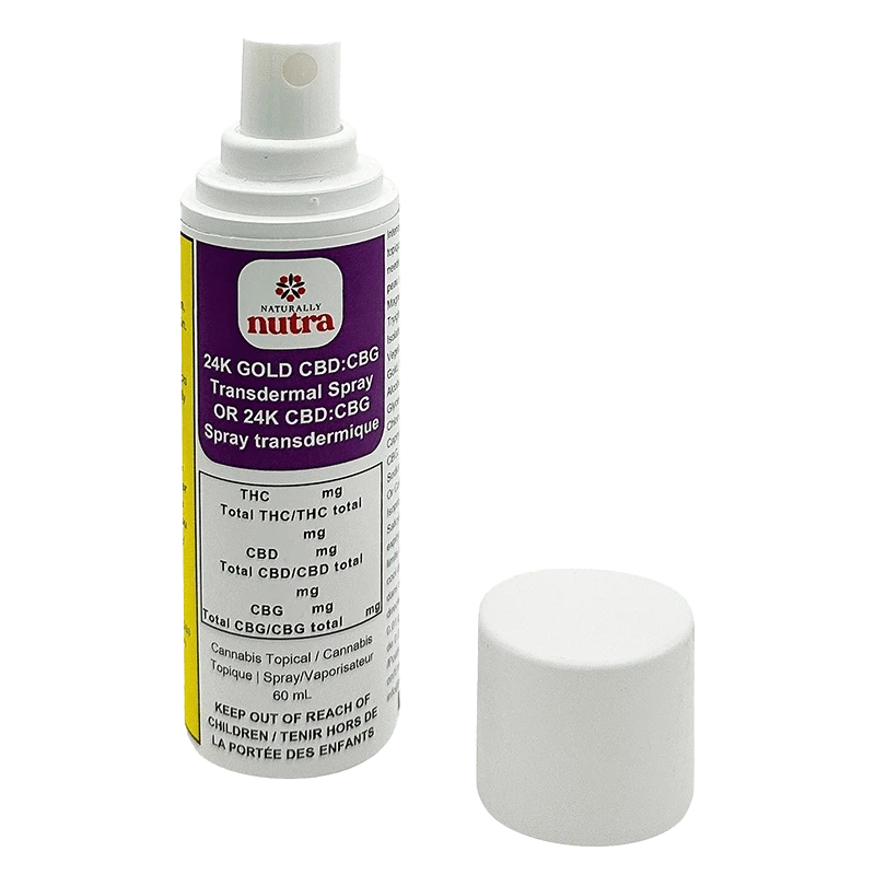 Front view of the 24K Gold CBD:CBG Transdermal Spray bottle, displaying its gold-toned label against a white background.