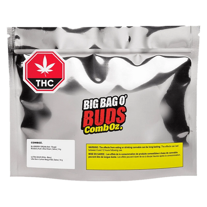 Close-up of the Comboz: Ultra Sour + Blueberry Dream package, featuring bold text and a colorful cannabis leaf design.