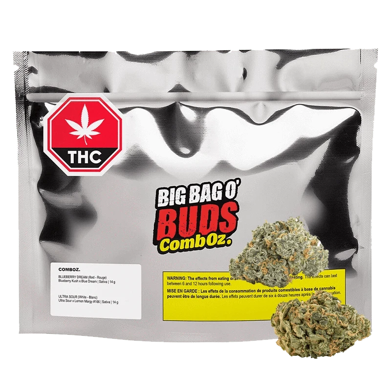 Front view of the Comboz: Ultra Sour + Blueberry Dream packaging with bold text against a black and purple gradient background.