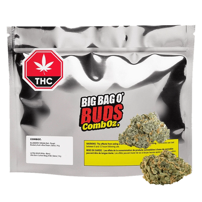 Front view of the Comboz: Ultra Sour + Blueberry Dream packaging with bold text against a black and purple gradient background.