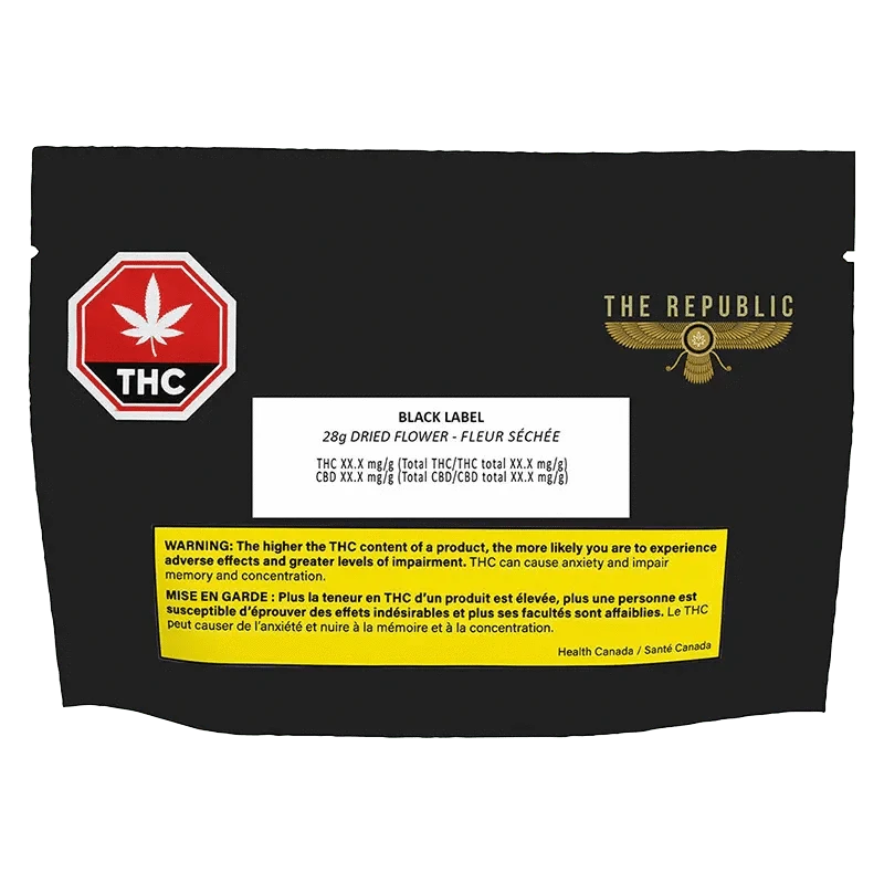Close-up of the Black label package, showing bold lettering and a cannabis leaf against a dark background.