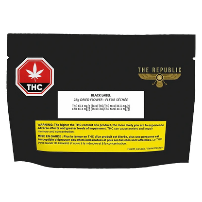 Close-up of the Black label package, showing bold lettering and a cannabis leaf against a dark background.