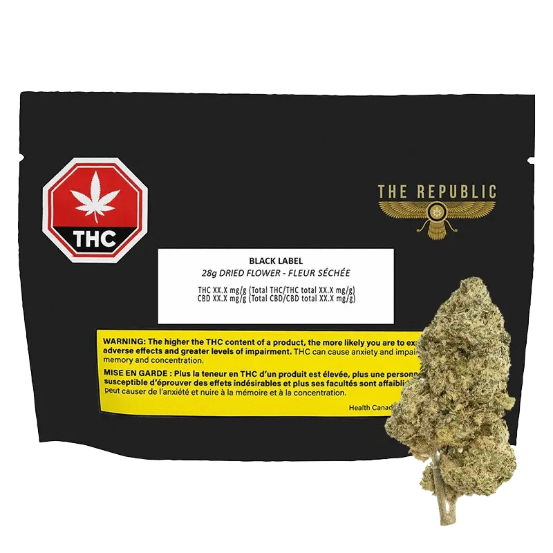 Black Label displays a close-up of packaging with THC information, set against a dark, slightly textured background.