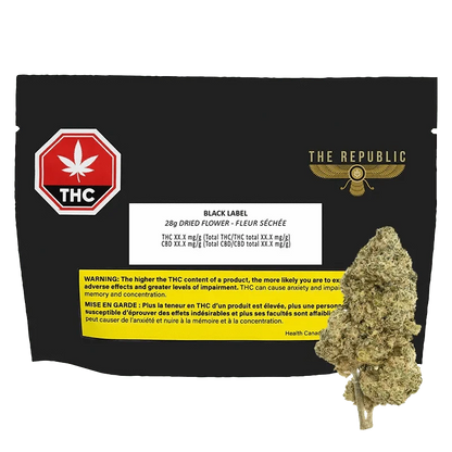 Black Label displays a close-up of packaging with THC information, set against a dark, slightly textured background.