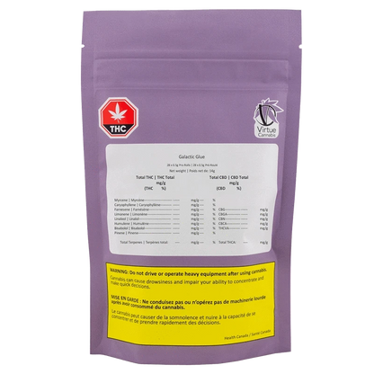 Front view of the Galactic Glue Pre Rolled 28 x 0.5 g package, displaying cannabis warnings and information on a white background.