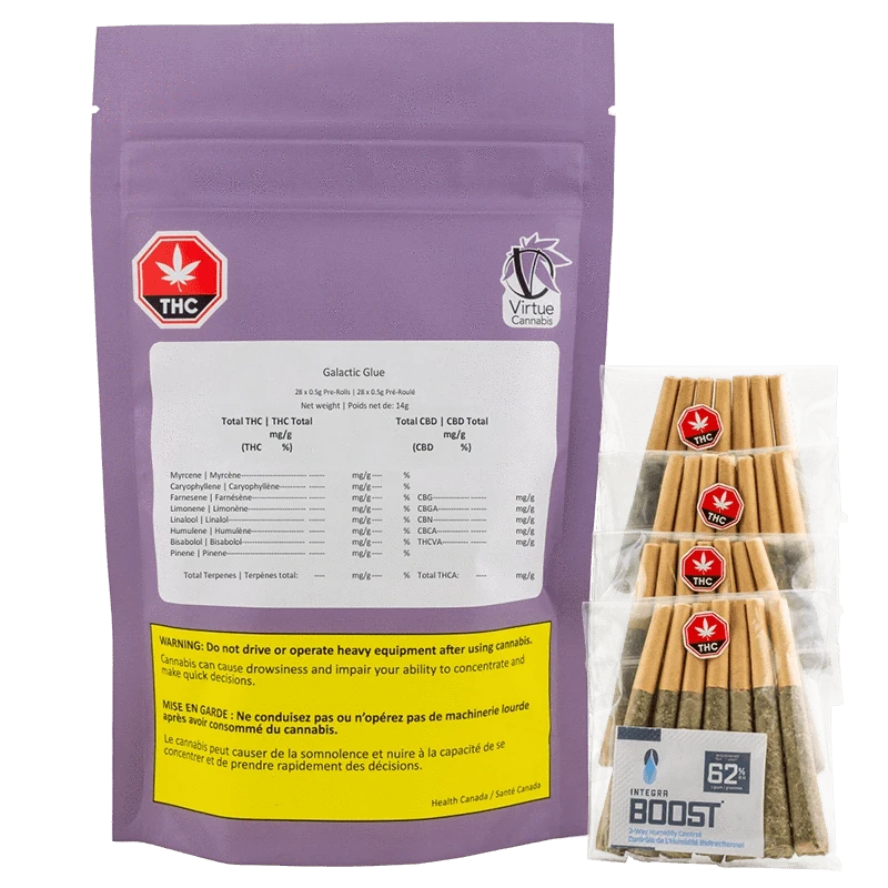 Close-up of the Galactic Glue Pre Rolled 28 x 0.5 g packaging, displaying warnings and details on a black background.