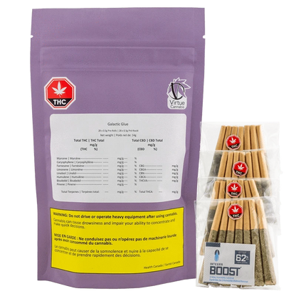 Close-up of the Galactic Glue Pre Rolled 28 x 0.5 g packaging, displaying warnings and details on a black background.