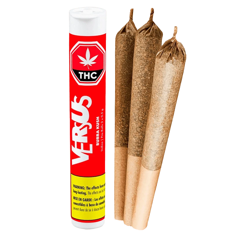 Close-up of the Bubba Kush Pre Rolled 3 x 0.5 g pre-roll packaging, featuring bold red and white lettering against a black background.
