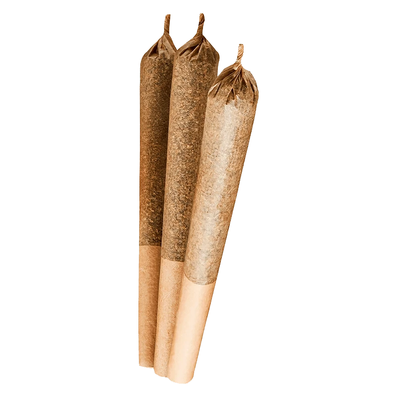 Front view of three 0.5 g Bubba Kush Pre Rolled joints, appearing as tightly rolled, brown and tan cannabis cigarettes.