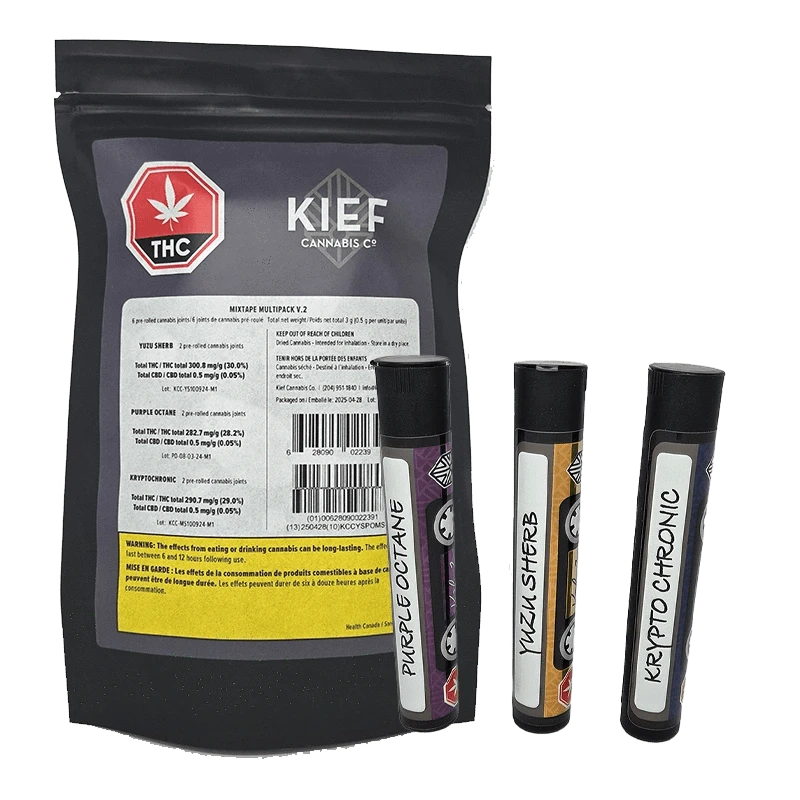A close-up of the Mixtape Multipack V.2 PR, showing six sealed cannabis joints against a dark background.