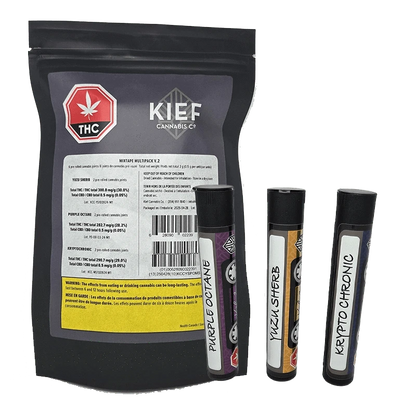 A close-up of the Mixtape Multipack V.2 PR, showing six sealed cannabis joints against a dark background.