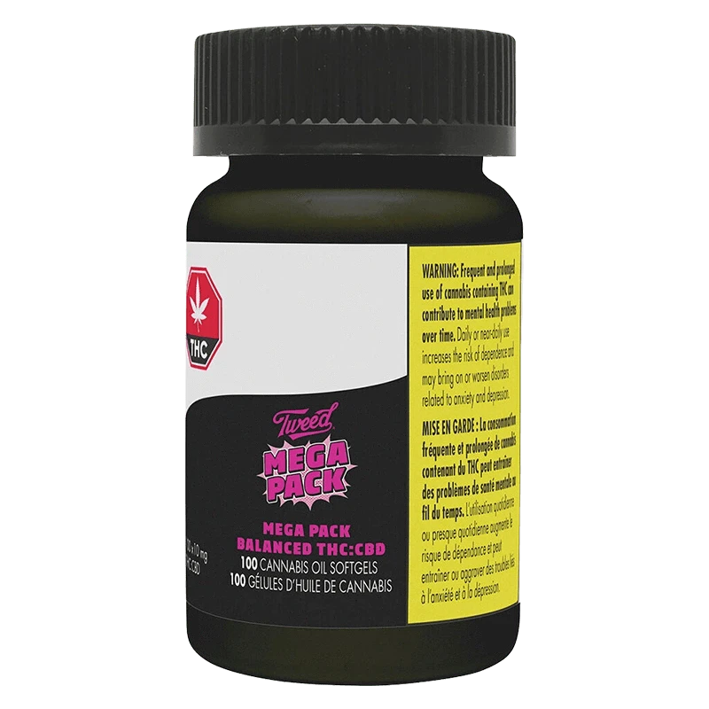 Front-facing bottle shot of Mega Packs Bal THC:CBD 1:1 with black cap, pink logo label and yellow warning panel on a white background.