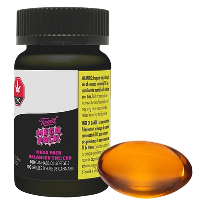 Front-facing view of a black bottle and amber softgel capsule labeled Mega Packs Bal THC:CBD 1:1, shown against a transparent background.