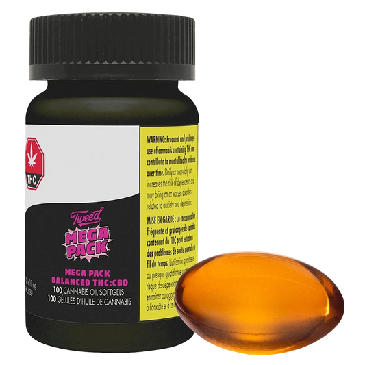 Front-facing view of a black bottle and amber softgel capsule labeled Mega Packs Bal THC:CBD 1:1, shown against a transparent background.