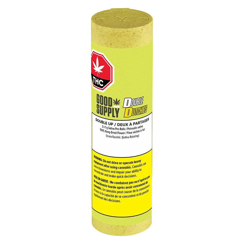 Close-up of the “Double Dutchies: Double Up Pre Rolled 2 x 1 g” packaging, displaying a vibrant, colorful design against a dark background.