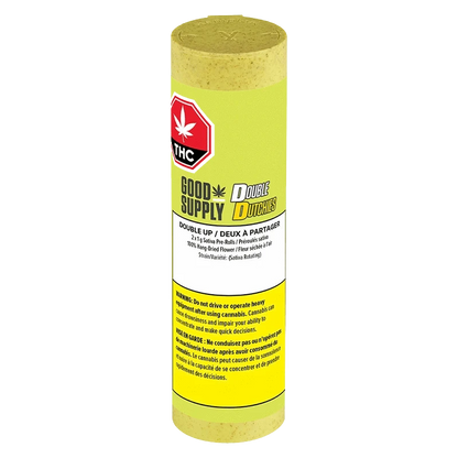 Close-up of the “Double Dutchies: Double Up Pre Rolled 2 x 1 g” packaging, displaying a vibrant, colorful design against a dark background.